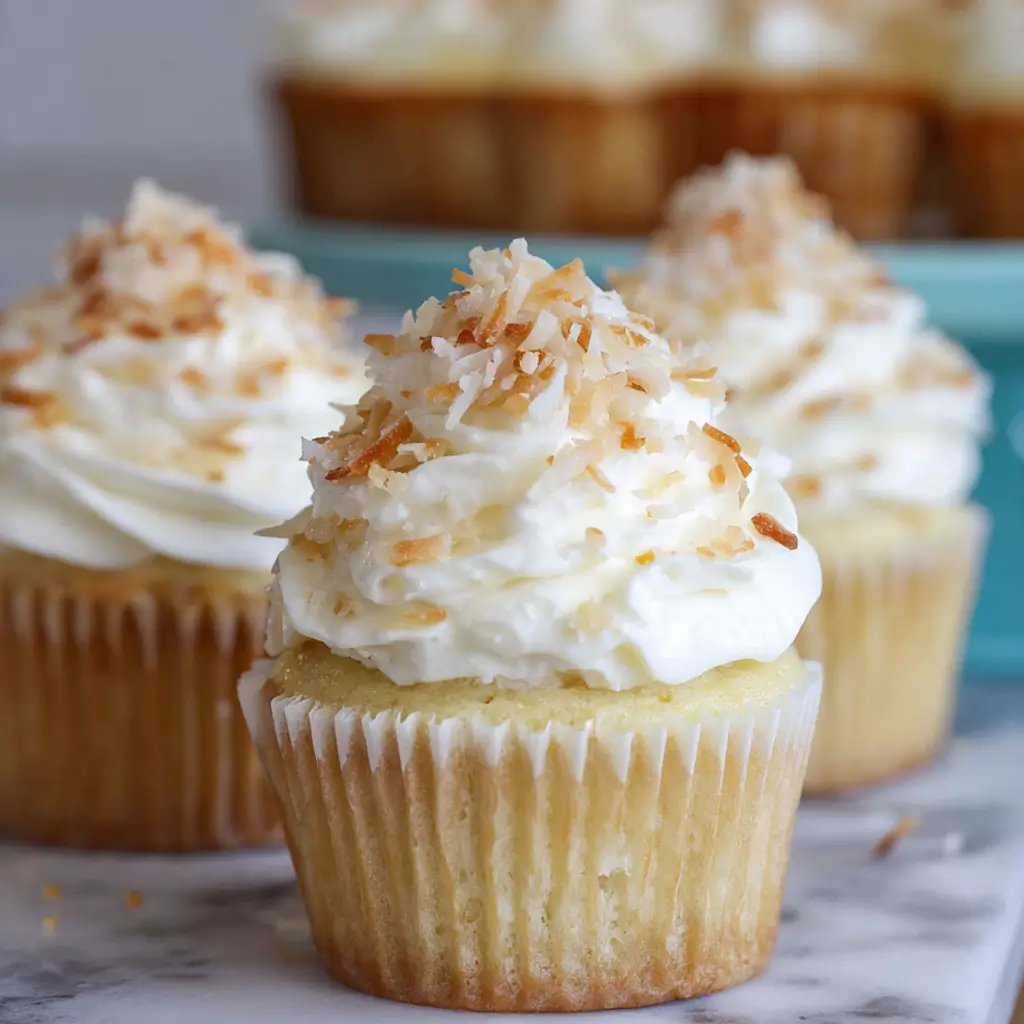 Coconut cream pie cupcake with whipped cream and toasted coconut flakes on top