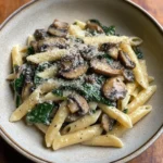 Bowl of creamy mushroom and spinach pasta topped with grated Parmesan cheese.