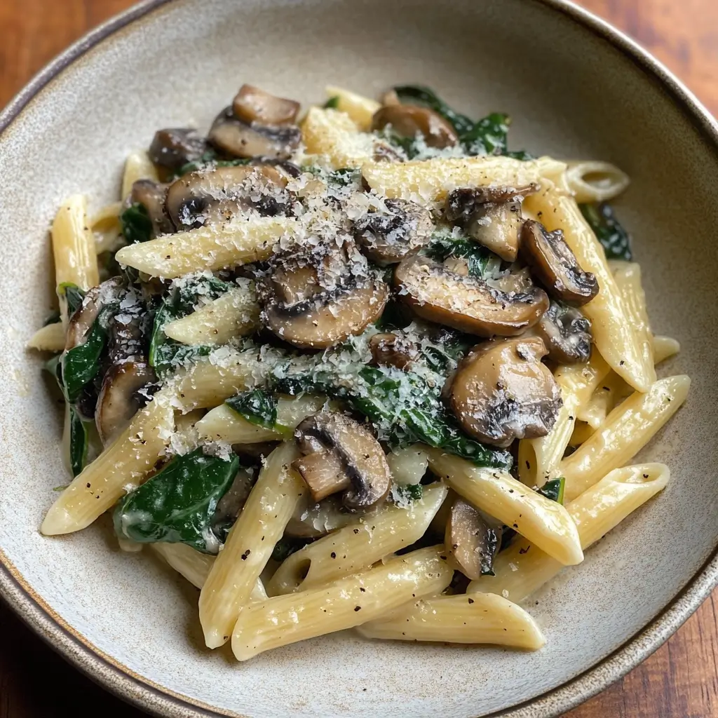 Bowl of creamy mushroom and spinach pasta topped with grated Parmesan cheese.