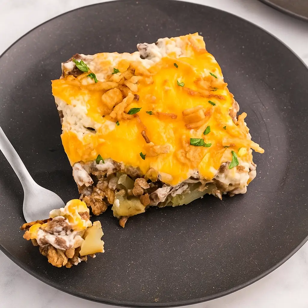A hearty slice of easy hobo casserole with ground beef, potatoes, and melted cheese on a black plate
