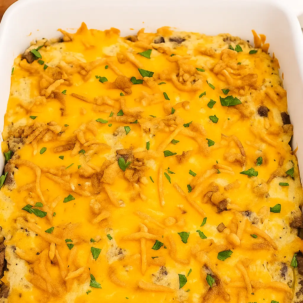 Easy hobo casserole recipe baked with ground beef, creamy sauce, cheddar cheese, and crispy onion topping