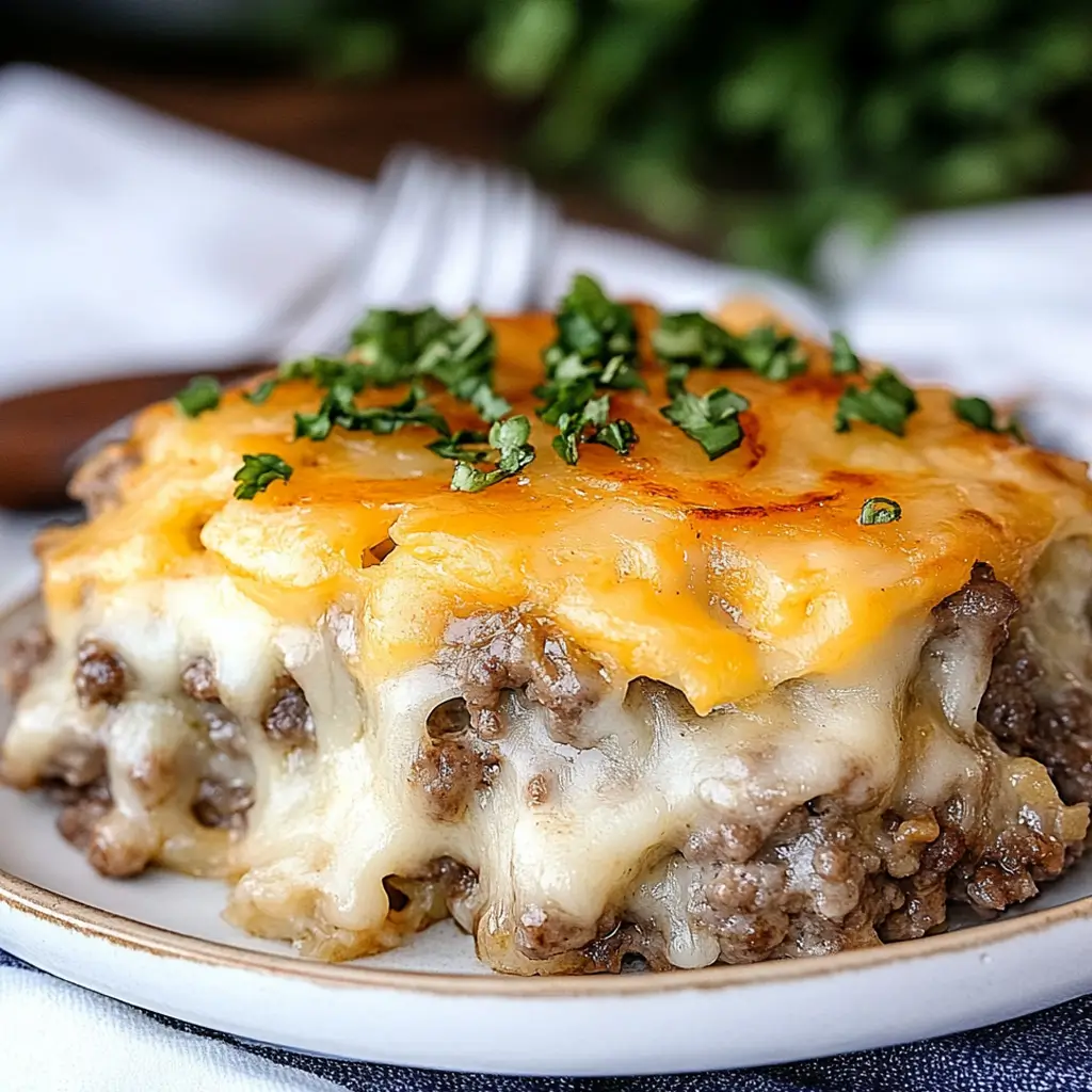 Hamburger and hash browns baked with melted cheese