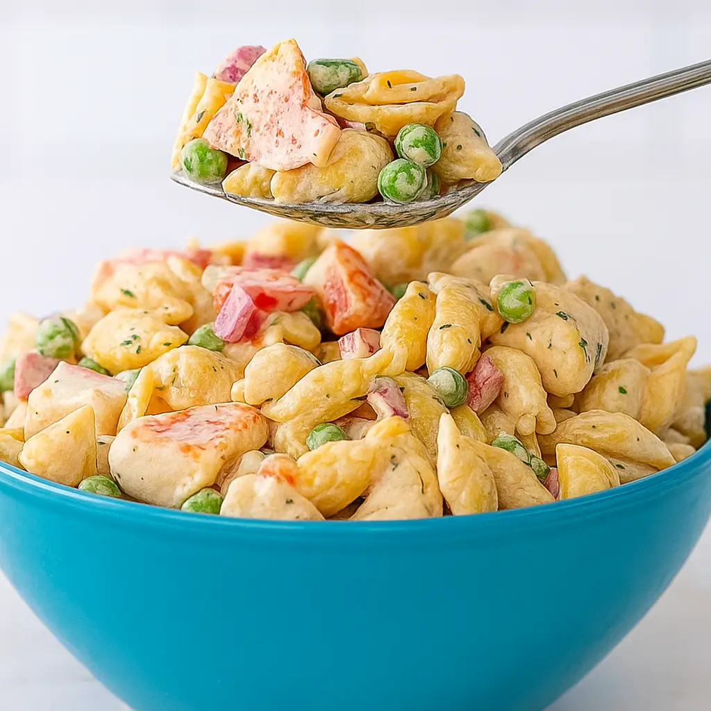 Spoonful of imitation crab pasta salad with shell pasta, peas, and creamy dressing above a blue bowl