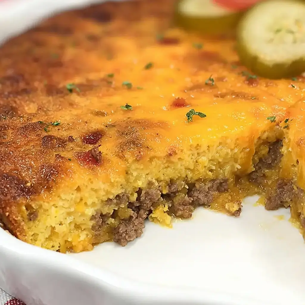 Impossible cheeseburger pie without Bisquick baked with golden cheesy crust and savory ground beef