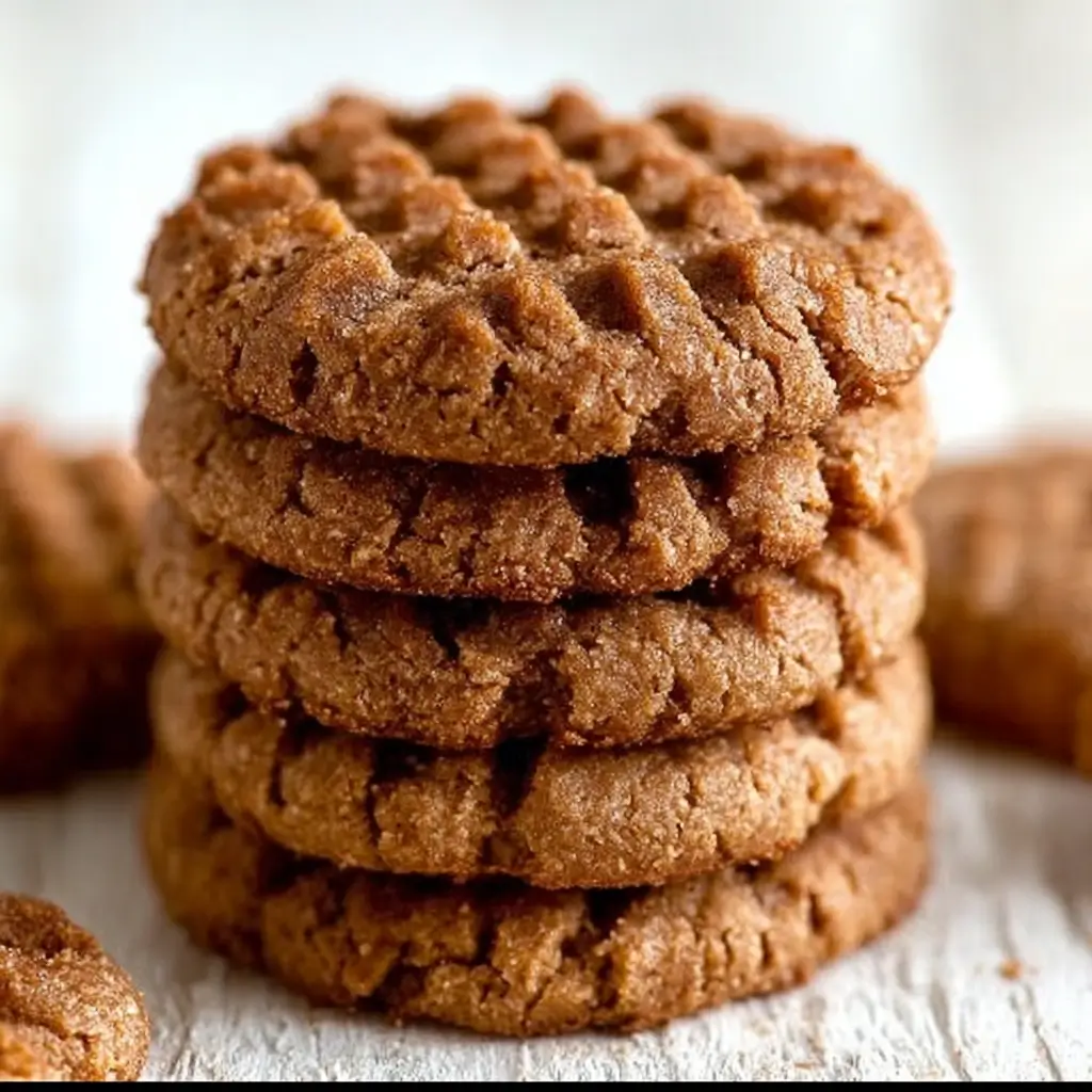 A stack of four keto almond butter cookies with a classic criss-cross pattern, highlighting their gluten-free and healthy nature.