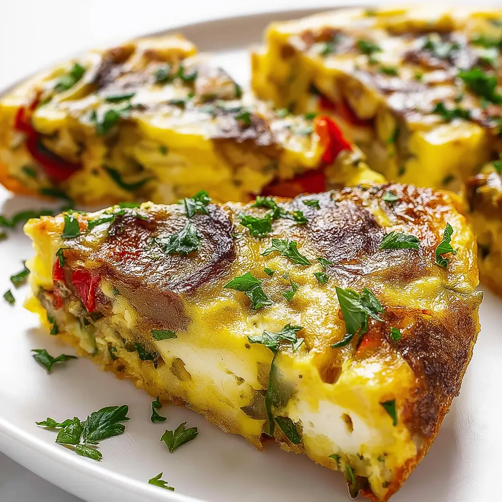 Slice of golden-brown keto frittata recipe with visible vegetables like red bell pepper and zucchini, garnished with fresh parsley on a white plate.