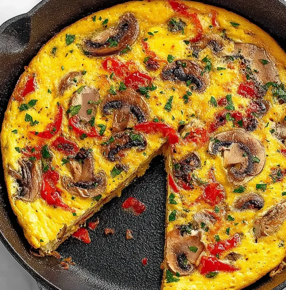 A whole keto frittata in a black cast iron skillet with one slice removed, topped with sliced mushrooms, red bell peppers, and fresh parsley.