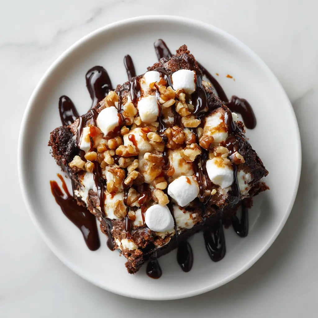 Close-up of a Mississippi mud cake mix slice topped with marshmallows, chopped walnuts, and chocolate drizzle on a white plate