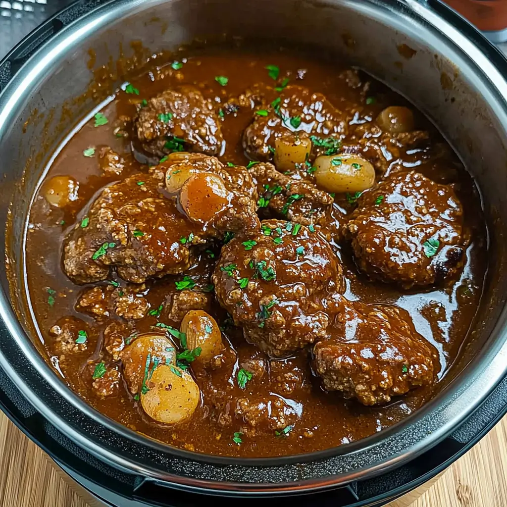 Salisbury steak in Instant Pot cooked in rich mushroom and onion gravy