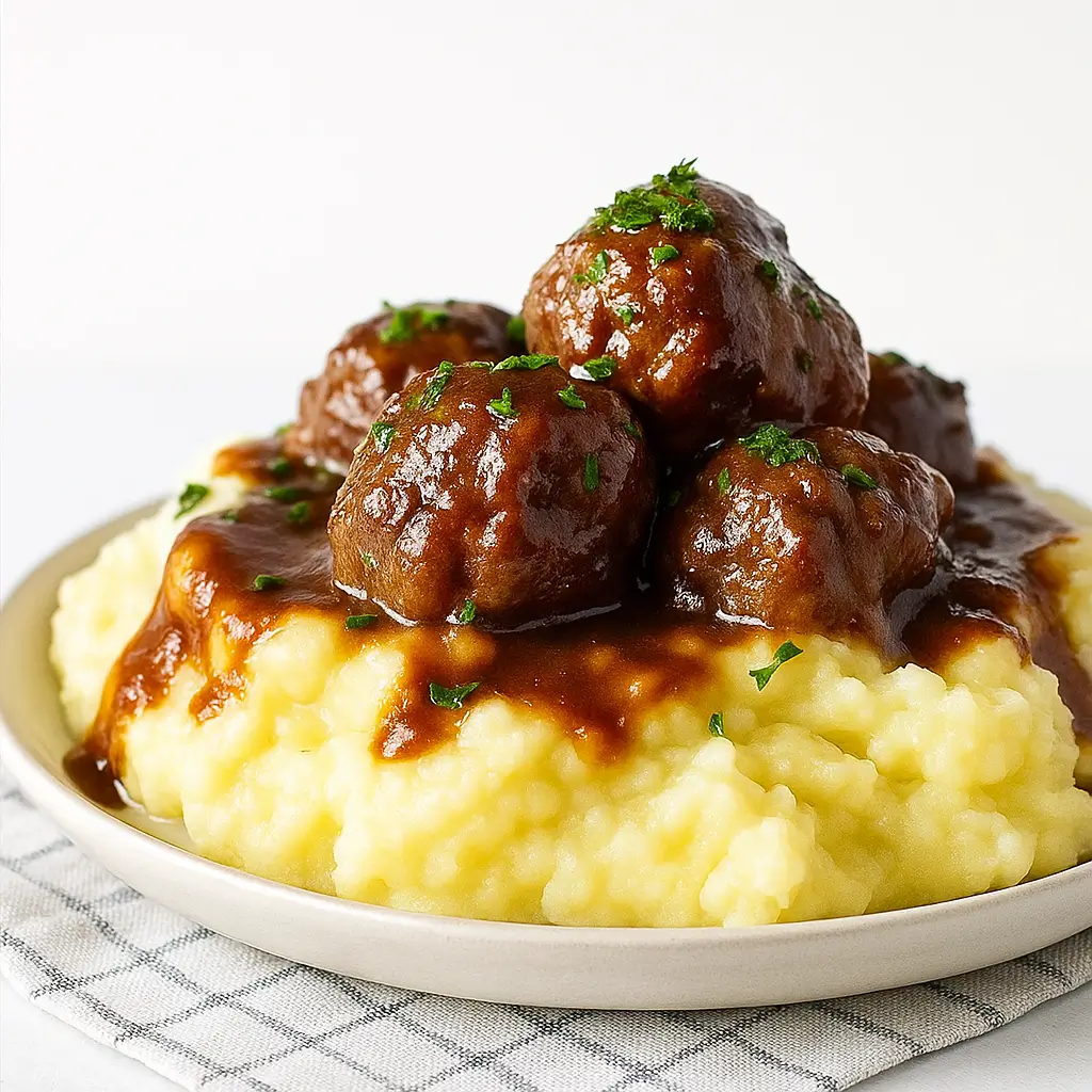 Slow cooker Salisbury steak meatballs served over mashed potatoes with rich brown gravy