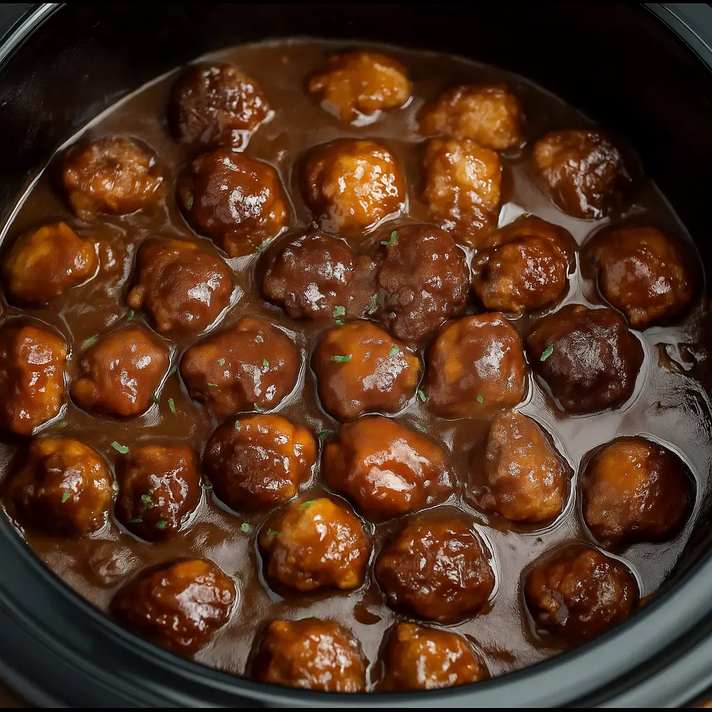 Slow cooker Salisbury steak meatballs in rich brown gravy, cooked in a black crockpot