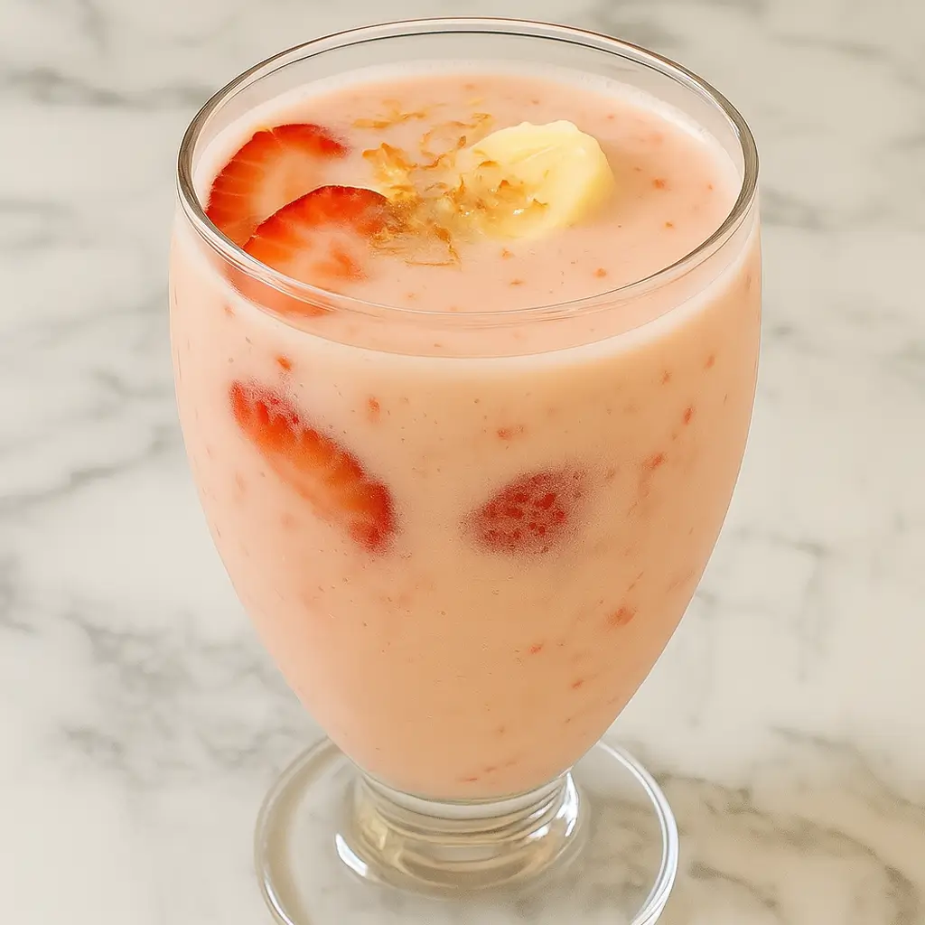 Strawberry banana protein shake in a glass with fresh strawberry slices and banana pieces