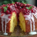 Strawberry cheesecake pound cake with berry topping, white glaze drizzle, and fresh mint leaves on top