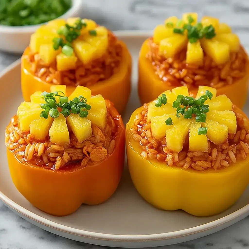 Teriyaki pineapple chicken and rice stuffed peppers topped with pineapple chunks and green onions