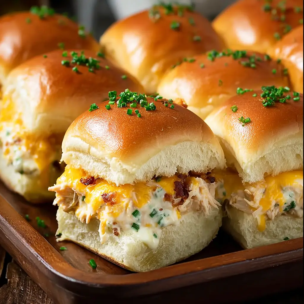 Close-up of a tray of golden-brown crack chicken sliders filled with creamy chicken, melted cheddar cheese, crispy bacon, and fresh chives, ready to serve.