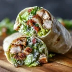 A crispy chicken caesar wrap, sliced in half and revealing golden-brown fried chicken pieces, crisp romaine lettuce, creamy Caesar dressing, and what appears to be bits of bacon or tomato, all snugly wrapped in a flour tortilla and resting on a wooden cutting board.