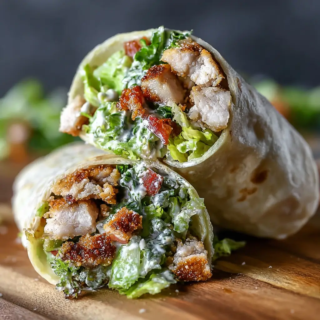 A crispy chicken caesar wrap, sliced in half and revealing golden-brown fried chicken pieces, crisp romaine lettuce, creamy Caesar dressing, and what appears to be bits of bacon or tomato, all snugly wrapped in a flour tortilla and resting on a wooden cutting board.