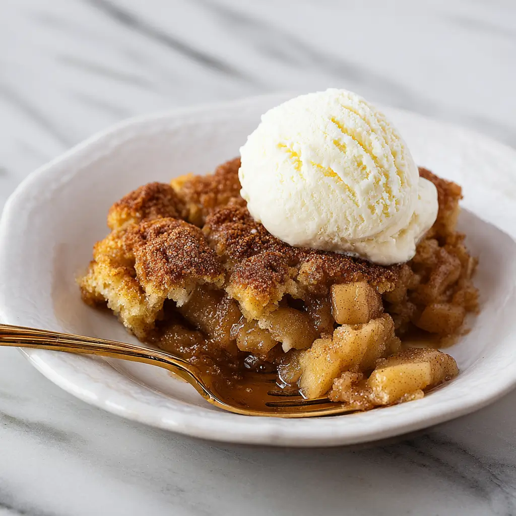 Apple Snickerdoodle Cobbler topped with vanilla ice cream in a white bowl