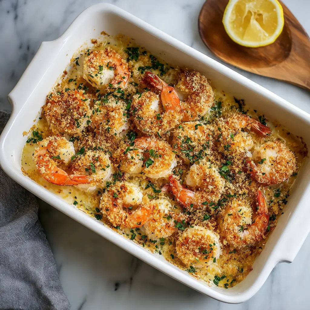 Baked garlic parmesan shrimp topped with golden breadcrumbs in a white baking dish