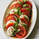 Caprese Salad with fresh tomatoes, mozzarella slices, basil, and balsamic glaze