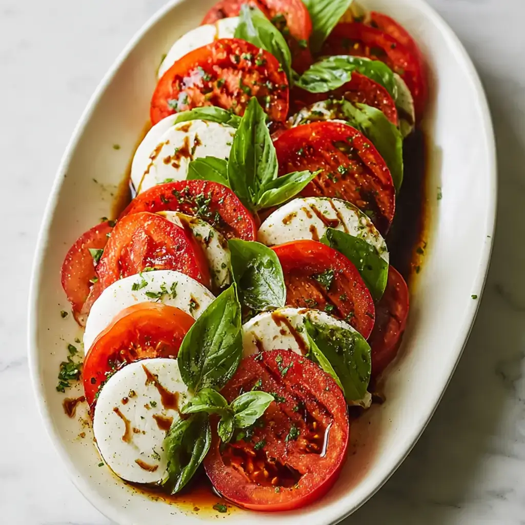 Caprese Salad with fresh tomatoes, mozzarella slices, basil, and balsamic glaze