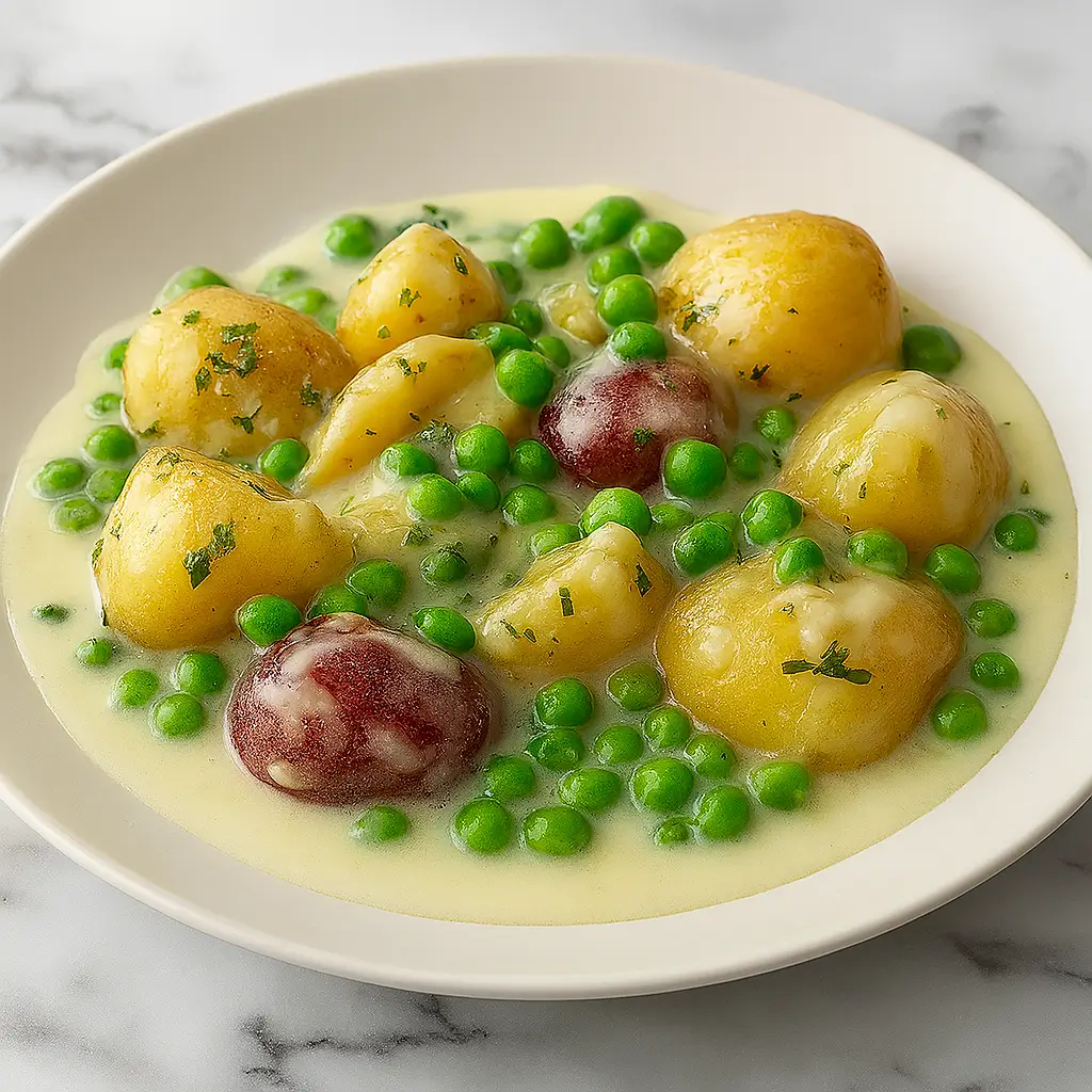 Cream peas and potatoes with baby red potatoes in creamy white sauce