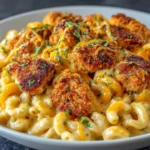 A close-up view of a white bowl filled with creamy honey pepper chicken mac and cheese, topped with crispy chicken bites and garnished with fresh parsley and shredded cheese.