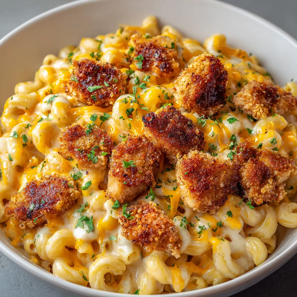 A close-up of a white bowl filled with creamy honey pepper chicken mac and cheese, featuring spiral pasta, a rich cheese sauce, and topped with crispy chicken pieces and fresh parsley.