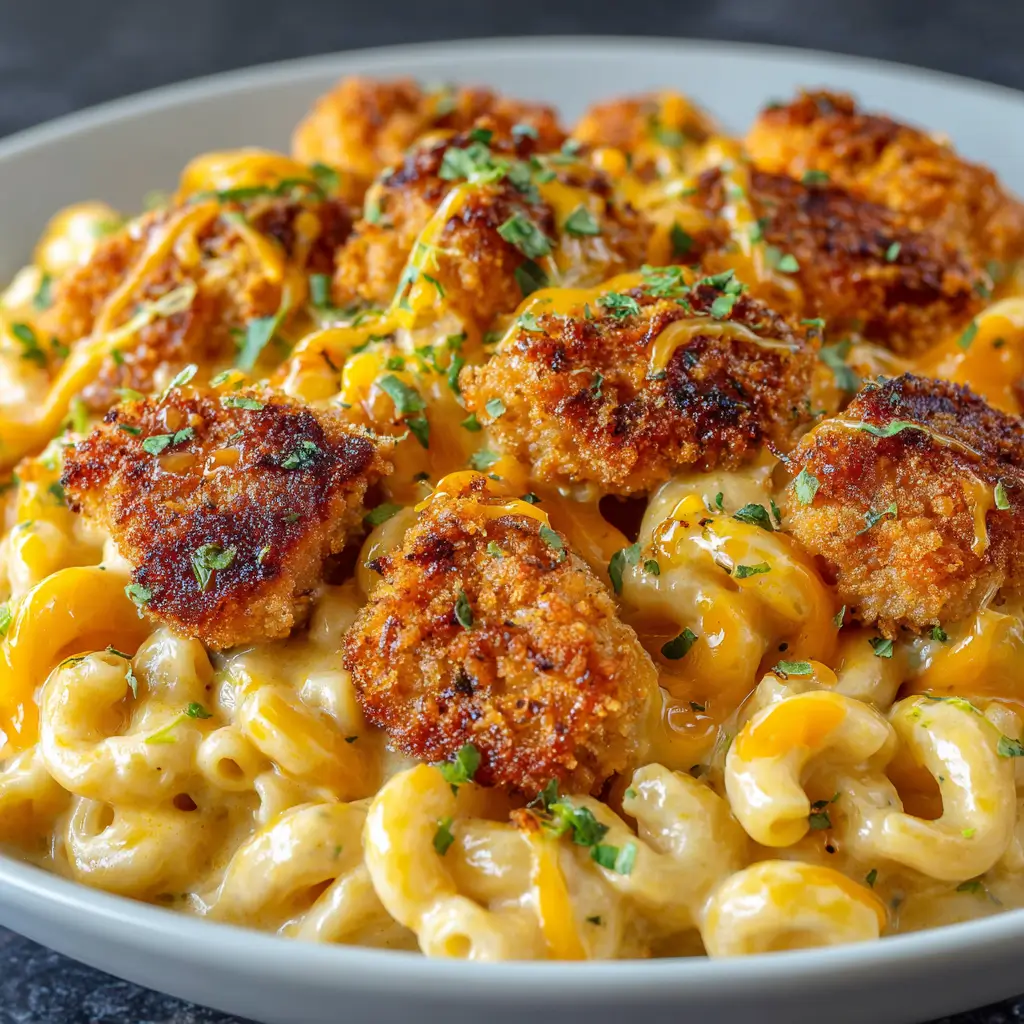 A close-up view of a white bowl filled with creamy honey pepper chicken mac and cheese, topped with crispy chicken bites and garnished with fresh parsley and shredded cheese.