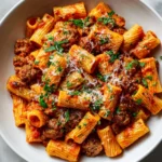 Rigatoni pasta tossed with creamy sausage tomato sauce, garnished with fresh parsley and parmesan