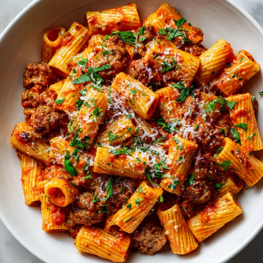 Rigatoni pasta tossed with creamy sausage tomato sauce, garnished with fresh parsley and parmesan