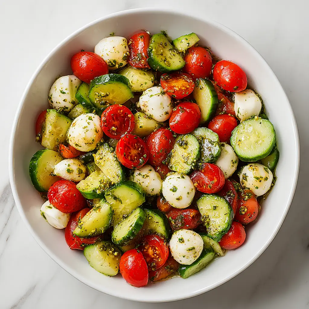 Bowl of cucumber tomato and mozzarella salad with fresh basil and dressing