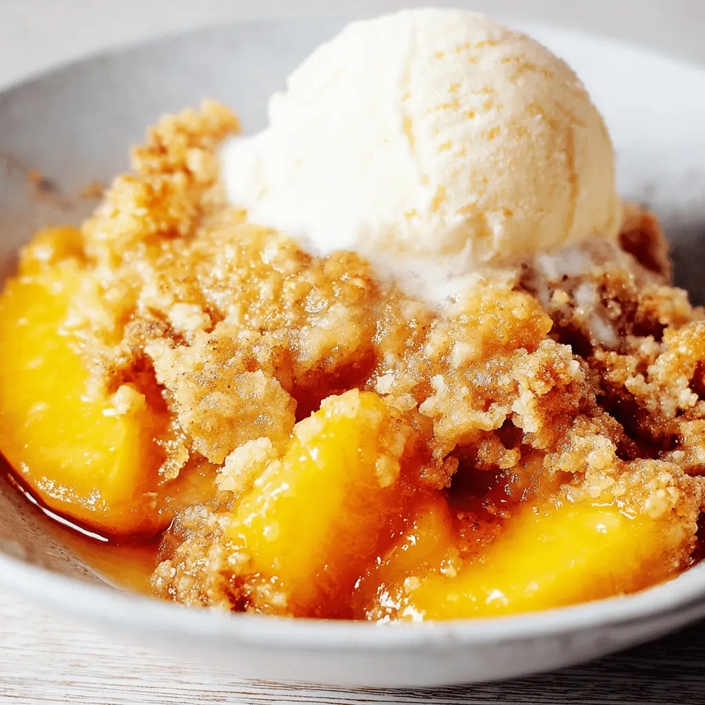 A close-up photo of a serving of warm fresh peach dump cake in a light blue bowl, topped with a scoop of vanilla ice cream that is beginning to melt.