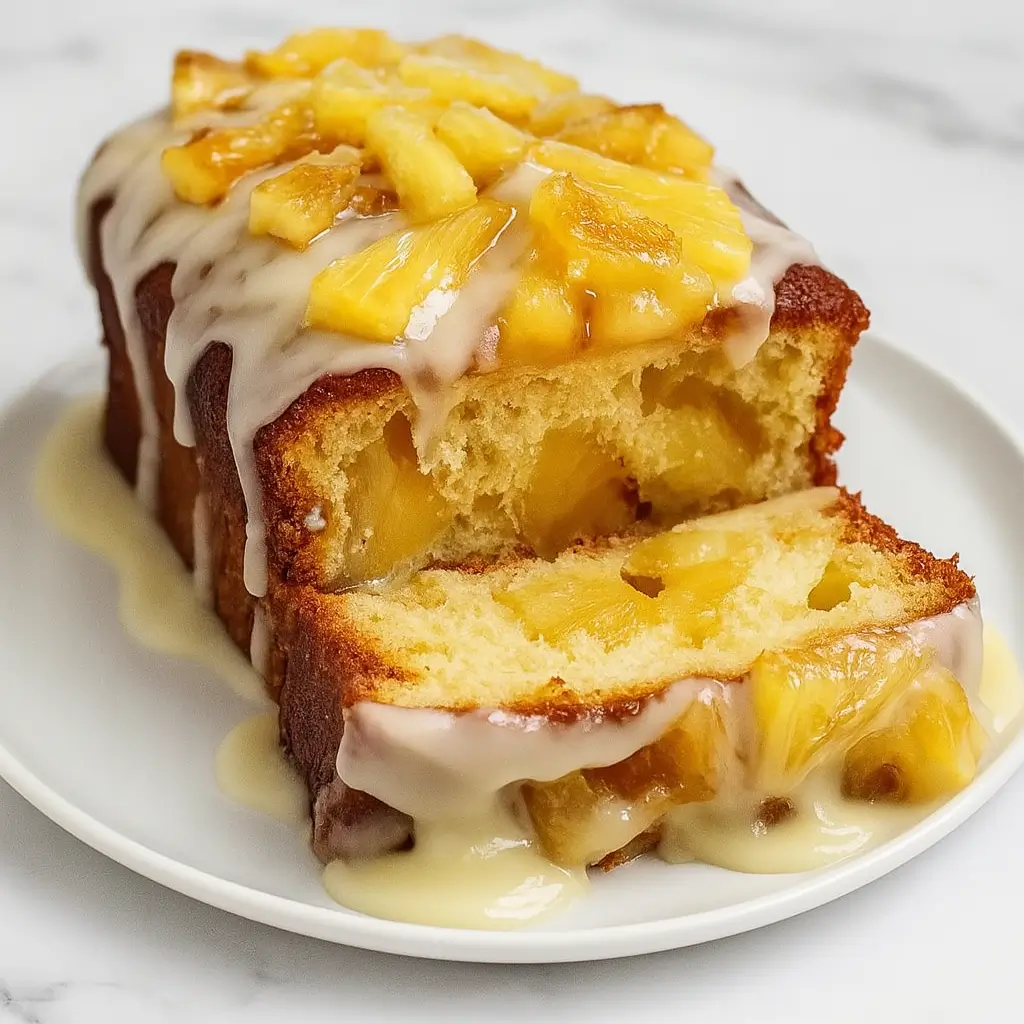 Moist juicy pineapple heaven cake topped with pineapple chunks and sweet glaze