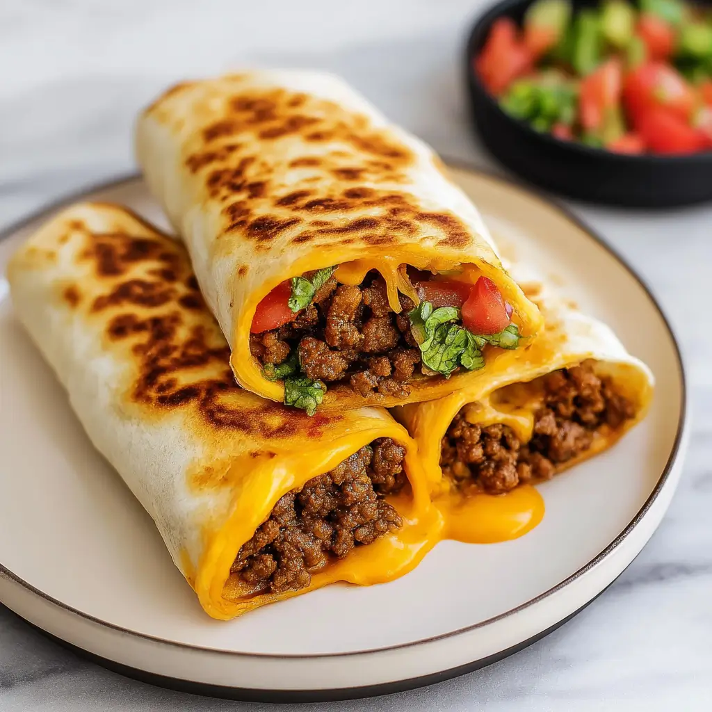 Grilled nacho cheese beef wraps filled with seasoned ground beef, melted cheese, lettuce, and tomatoes