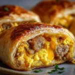A close-up of a golden-brown, flaky Sausage Egg and Cheese Breakfast Roll-Up, sliced to show the savory filling of sausage, scrambled eggs, and melted cheese.