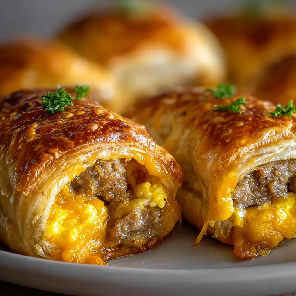 Golden-baked Sausage Egg and Cheese Breakfast Roll-Ups on a plate, featuring a cheesy crust and a savory filling of sausage and scrambled eggs.