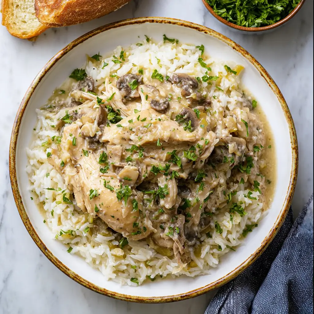 Smothered chicken and rice crock pot meal with creamy shredded chicken, mushrooms, and gravy over white rice, garnished with parsley
