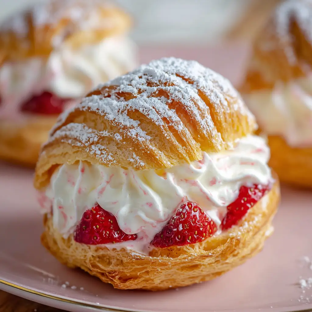 Close-up of strawberry cream puffs filled with whipped cream and fresh strawberries