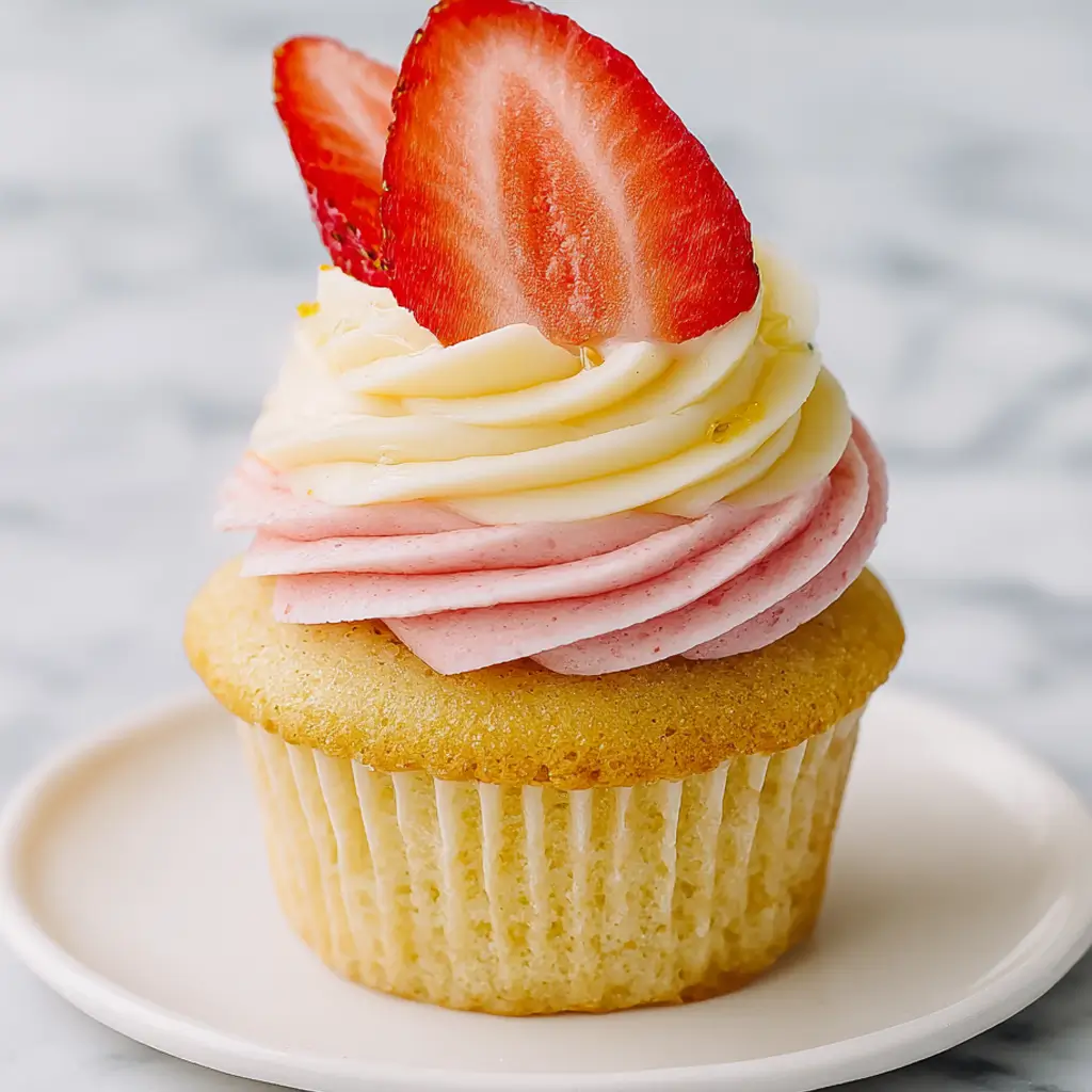 Strawberry lemonade cupcake with pink and lemon frosting topped with fresh strawberry slices on a white plate