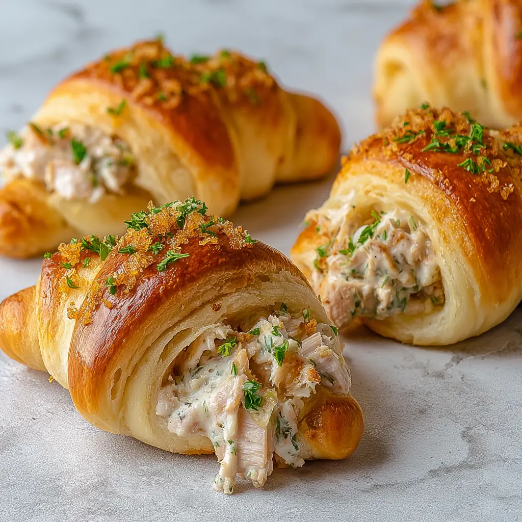 Stuffed crescent rolls with chicken, filled with creamy herb chicken and baked golden brown on a marble surface