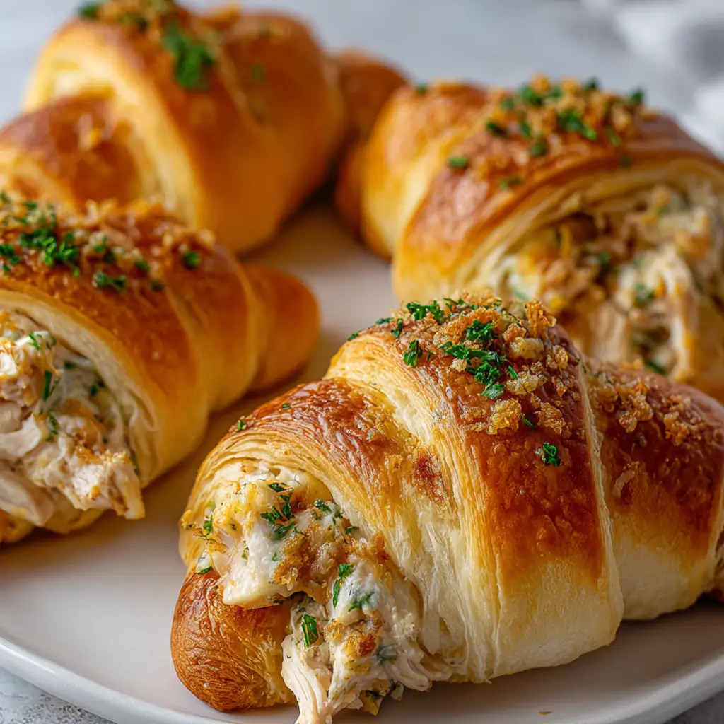 Stuffed crescent rolls with chicken, filled with creamy chicken mixture and topped with fresh herbs on a white plate