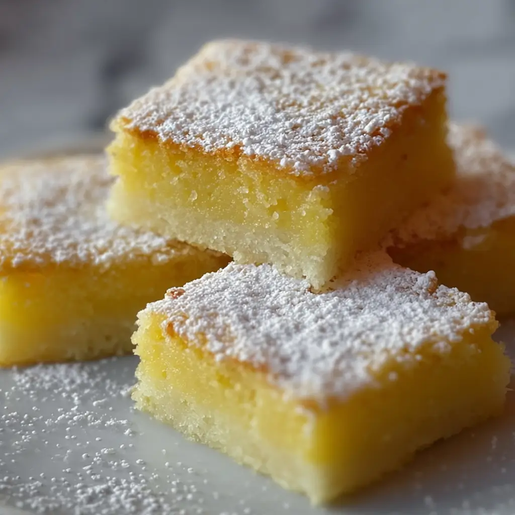 Close-up of chewy two ingredient lemon bars stacked on a plate, topped with powdered sugar