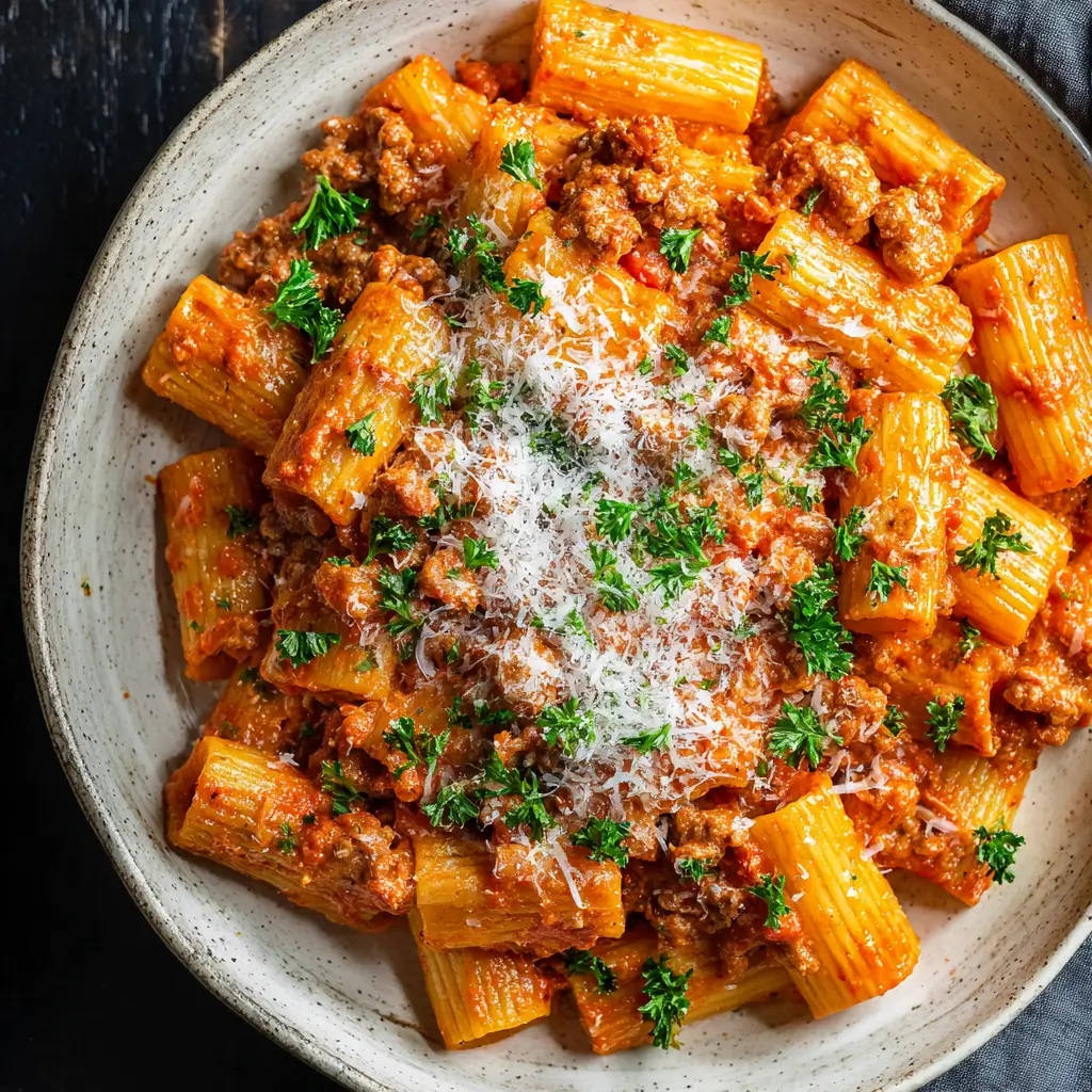An overhead view of creamy sausage rigatoni served in a rustic stoneware bowl on a dark surface, topped with grated Parmesan and fresh parsley.