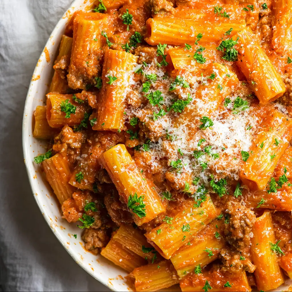 A close-up overhead shot of a white bowl filled with creamy sausage rigatoni, topped with fresh parsley and grated Parmesan cheese.