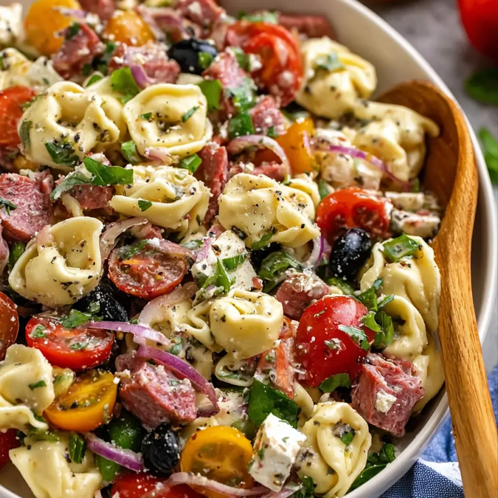 A close-up of a white bowl filled with a colorful tortellini pasta salad with Italian dressing, featuring cherry tomatoes, salami, black olives, red onion, and feta cheese.