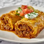A close-up of two golden-fried chimichangas on a white plate, showcasing the delicious final dish from this beef and cheese chimichanga recipe