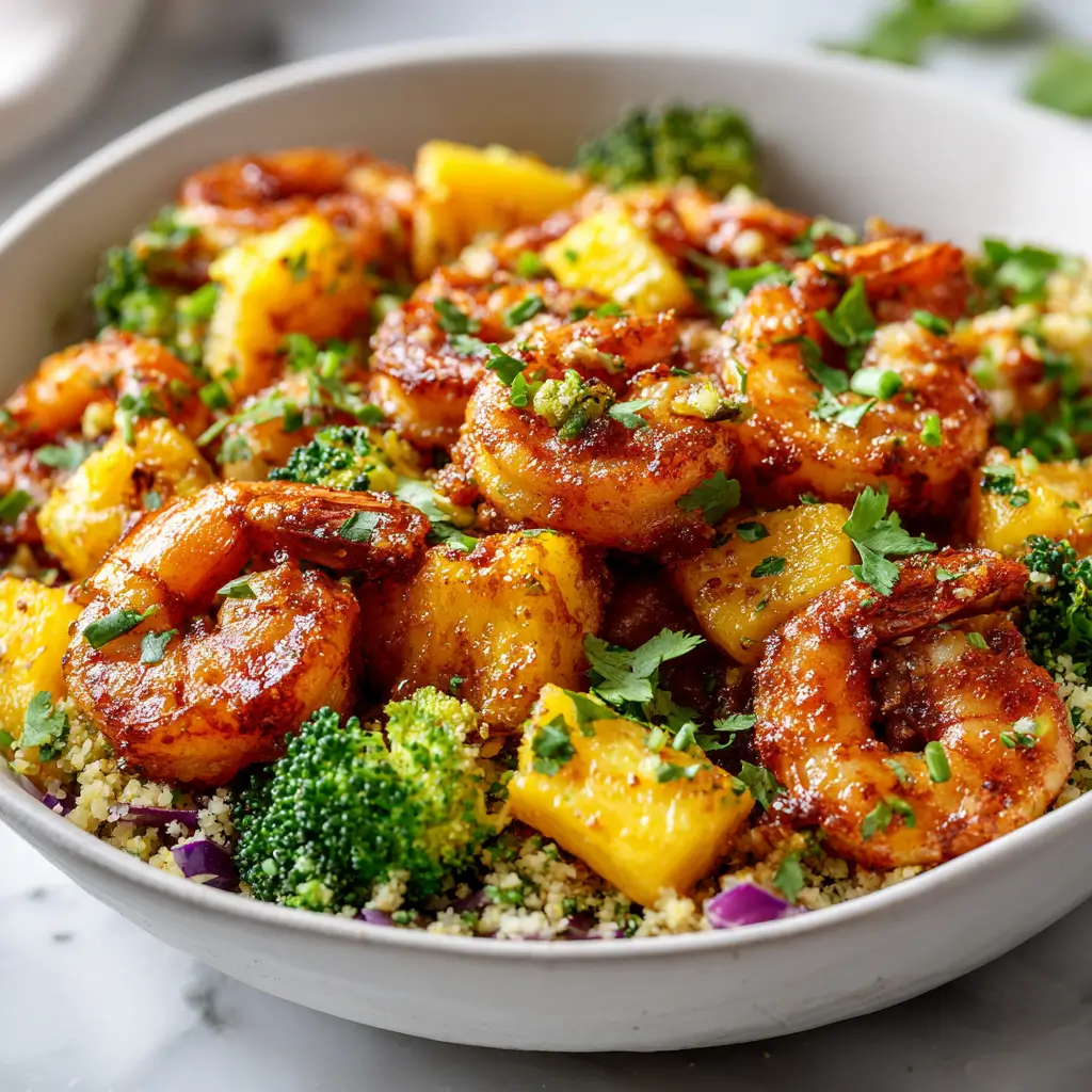 A close-up shot of a healthy Caribbean shrimp bowl in a white bowl, filled with seasoned shrimp, pineapple chunks, and broccoli florets over couscous.