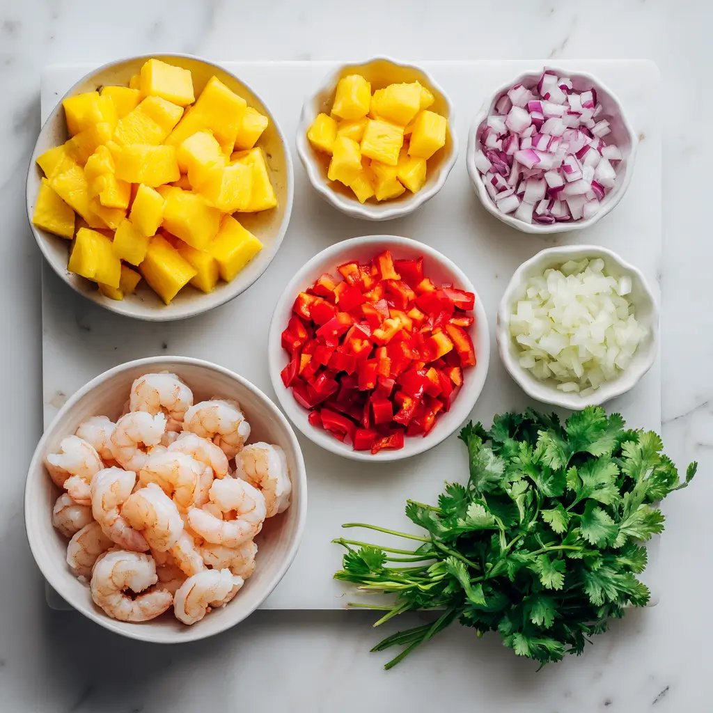 An overhead view of fresh ingredients for a Caribbean shrimp bowl, including raw shrimp, diced pineapple, mango, red bell pepper, red onion, and fresh cilantro arranged in bowls on a marble surface.