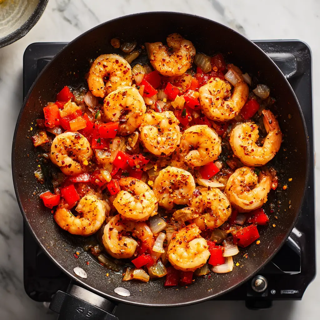 An overhead shot of seasoned shrimp, diced red bell peppers, and onions being sautéed in a black skillet on a stovetop for a Caribbean shrimp bowl recipe.